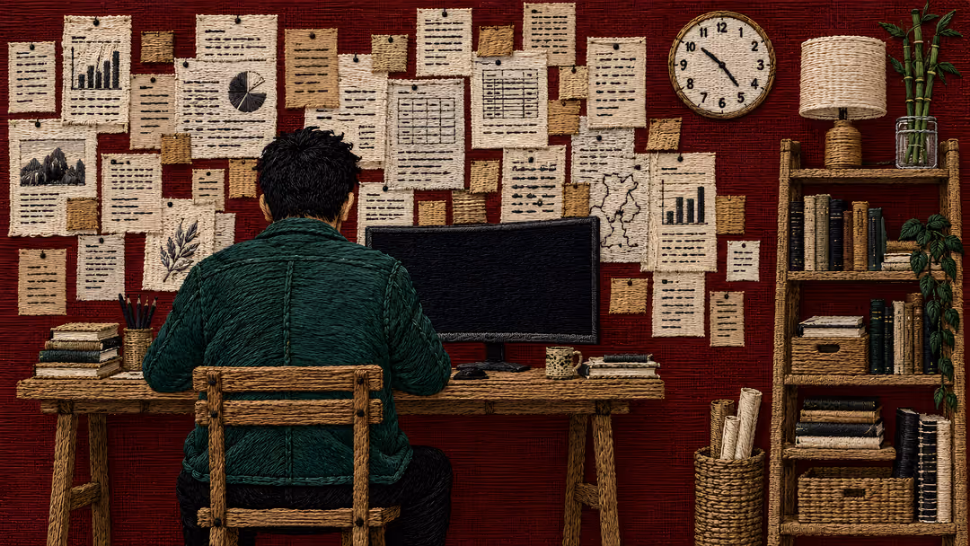 Embroidered illustration: a man in a green jacket, seen from behind, at a small desk with the monitor off, facing a wall covered in pinned papers; a ladder bookshelf and a lamp beside him.